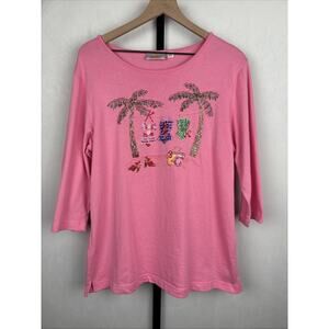 Quacker Factory Beaded Palm Tree Top Women's Large Pink 3/4 Sleeves 100% Cotton